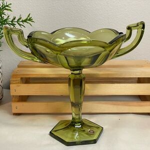 💥3/$50 Westmoreland Colonial Glass Olive Green Footed Compote w Handles. EUC